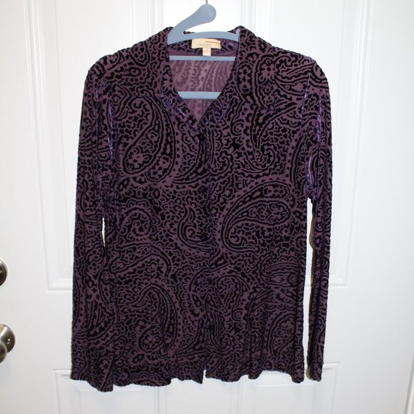 Purple Velvet Paisley translucent button up Blouse Sz M - Picture 1 of 5